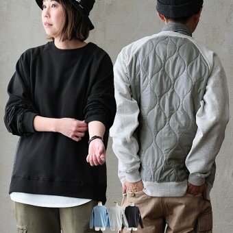 スウェット トレーナー 長袖 クルーネック 綿100 コットン 裏毛 薄中綿 キルティング 暖かい 軽い すっきり パティ