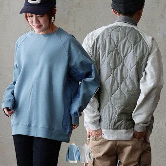 スウェット トレーナー 長袖 クルーネック 綿100 コットン 裏毛 薄中綿 キルティング 暖かい 軽い すっきり パティ