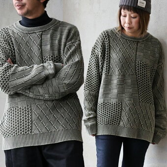 ニット セーター クルーネック 綿100 コットン 厚手 柔らかい 伸縮性 パッチワーク 褪せ色 秋 冬 ヴィンテージ レトロ カジュアル パティ