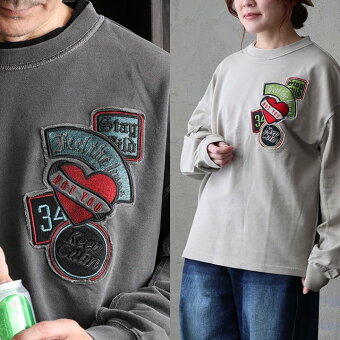 スウェット 長袖 綿100 コットン ミニ裏毛 袖リブ 胸ワッペン 刺繍 ロゴ 褪せ色 ピグメント 大きいサイズ パティ
