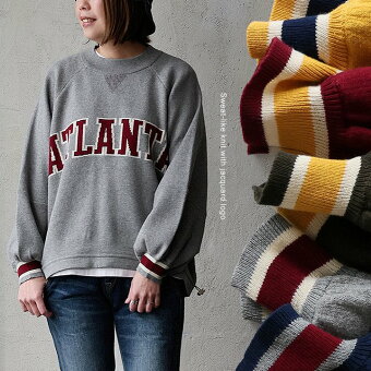 ニット 長袖 スウェット風 クルーネック ロゴ ジャガード織り 袖ライン Vガゼット ロックコード 伸縮性 ワイド 秋 冬 パティ