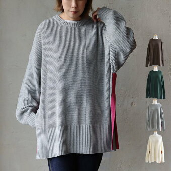 ニット 長袖 クルーネック 畦編み コットン アクリル リブ切り替え 配色 スリット 伸縮性 暖かい 軽い ゆったり パティ