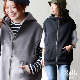 ベスト レディース 着痩せ ワイド ジップアップ パーカー 暖かい 裏起毛 綿100 USAコットン しっかり 丈夫 重ね着 ハイネック ポケット おしゃれ ゆったり 大きいサイズ 無地 ロゴ 刺繍 ダブルジップ ポケット お尻 体型 カバー 大人 カジュアル パティ SAIL セイル