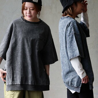 Tシャツ 6分袖 クルーネック リブ切り替え ケミカルデニム 綿100 コットン 薄手 柔らか 軽い ゆったり 体型カバー お尻隠れる パティ