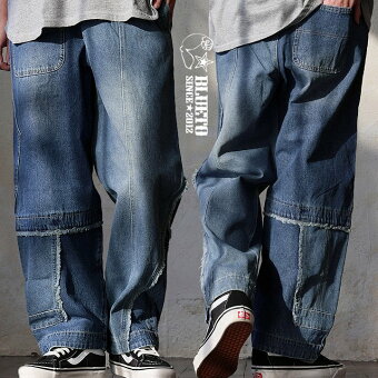 ＰＡＴＹ デニムパンツ ストレート ワイド リメイク風 パッチワーク 配色切り替え アシンメトリー ウエストゴム コットン 綿100 ブルート