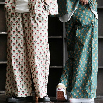 パンツ ワイド ストレート セットアップ 花柄 プリント レトロ 綿100 コットン 薄手 軽い 涼しい ウエストゴム ゆったり パティ サンディー