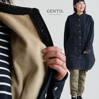 チュニック シャツチュニック バンドカラー お尻隠れる デニム 裏ボア コットン ポリエステル 暖かい 重ね着 体型カバー パティ ジャンティ