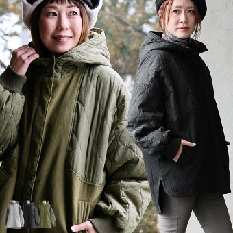 コート 中綿 フードコート キルティング ツイル 異素材切り替え 重ね着風 ドルマン 軽い 暖かい ゆったり