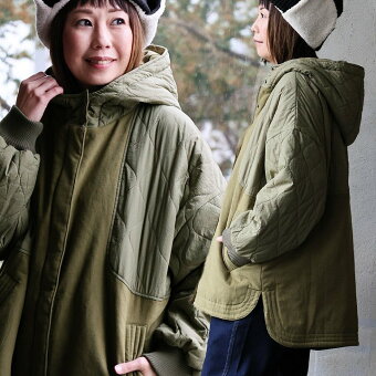 コート 中綿 フードコート キルティング ツイル 異素材切り替え 重ね着風 ドルマン 軽い 暖かい ゆったり