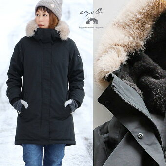 ezo& 暖かい 裏ボア コート ハイネック フード ファー付き 取り外し可 ミドル丈 撥水 防風 軽い 袖リブ アウター 冬 パティ ezo＆ エゾト