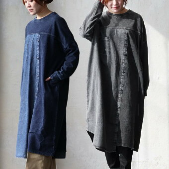 ワンピース クルーネック 綿100 コットン 裏毛 デニム ケミカル加工 褪せ色 アシンメトリー 体型カバー カジュアル 秋 冬 春 パティ