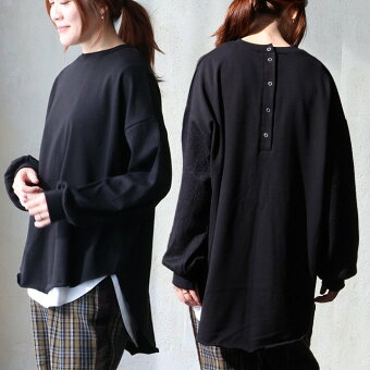 チュニック 長袖 ヘンリーネック ボタン 無地 異素材切り替え 裏毛 袖リブ 伸縮性 大きいサイズ 体型カバー カジュアル 秋 冬 春 パティ