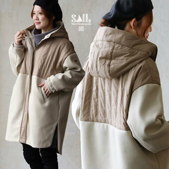 コート 冬 着痩せ メルトンコート 裏地付 アウター キルティング 切替 袖リブ ハイネック ドロップショルダー 軽い セイル