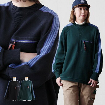 ニット 長袖 クルーネック スウェットライク コットン ポリエステル 洗えるニット 洗濯出来る 伸縮性 配色ライン 胸ポケット 袖リブ パティ