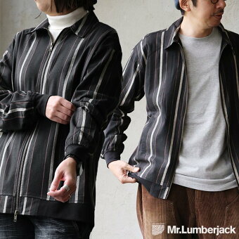 シャツ ブルゾン 袖リブ 長袖 コットン 綿100% 薄手 ダブルジップ ワイド ストライプ ポケット ミスターランバージャック