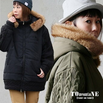 ＰＡＴＹ ブルゾン 中綿 軽い 暖かい ファー付き ミリタリー ニット切り替え ナイロン 撥水 防風 ダブルジップ ハイネック トーン