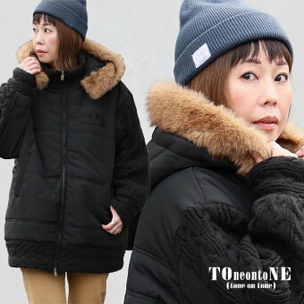 ＰＡＴＹ ブルゾン 中綿 軽い 暖かい ファー付き ミリタリー ニット切り替え ナイロン 撥水 防風 ダブルジップ ハイネック トーン