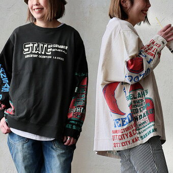 スウェット 長袖 シャツ 異素材切り替え ミニ裏毛 綿100 コットン ロゴプリント 軽い ゆったり 体型カバー パティ