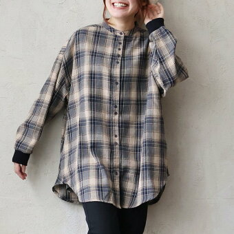 チェックシャツ 長袖 バンドカラー コットン ポリエステル フランネル 袖リブ 配色 ゆったり 体型カバー 着痩せ カジュアル 秋 冬 パティ