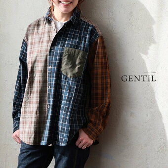 シャツ 長袖 レギュラーカラー チェック柄 クレイジー 胸ポケット 異素材切り替え 綿100 コットン 薄手 軽い パティ ジャンティ