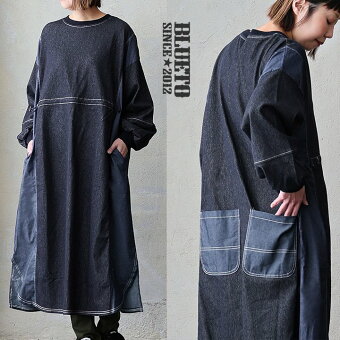 ＰＡＴＹ ワンピース ワンピ 長袖 着痩せ ストレッチ カットデニム 布帛 切り替え クルーネック 袖リブ ポケット 春 パティ ブルート