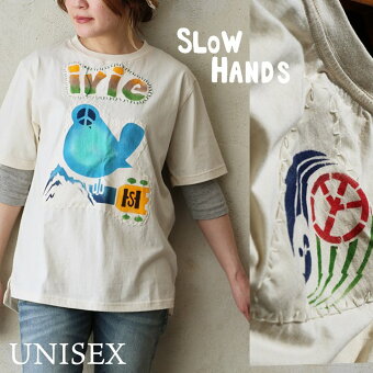 スローハンズ Tシャツ 半袖 クルーネック ロゴ イラスト アニマル 鳥 ハンドステッチ 手縫い 綿100 コットン 通気性 軽い パティ