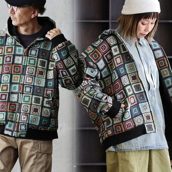 レボ(REVO.) アウター ブルゾン 長袖 フード付き クロシェ編み ゴブラン織り 総柄 裏地付き 袖リブ パティ