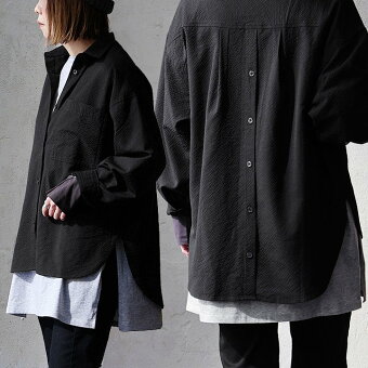 シャツ 長袖 無地 シアサッカー 薄手 軽い 後ろボタン 大きいサイズ 体型カバー お尻隠れる カジュアル パティ ルコリ