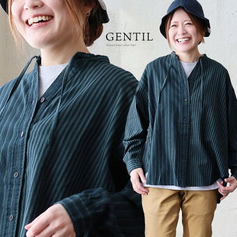 シャツ 長袖 バンドカラー スキッパー 綿100 コットン 薄手 軽い ストライプ柄 通気性 パティ ジャンティ