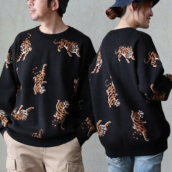ニット セーター 長袖 クルーネック トラ 虎 アニマル 総柄 レーヨン ポリエステル ナイロン チクチクしない 洗濯可能 パティ