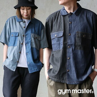 ジムマスター(gymmaster) ジムマスター シャツ デニムシャツ 5分袖 前開き 配色 デニム 綿100 コットン 薄手 軽やか 柔らか 涼しい パティ