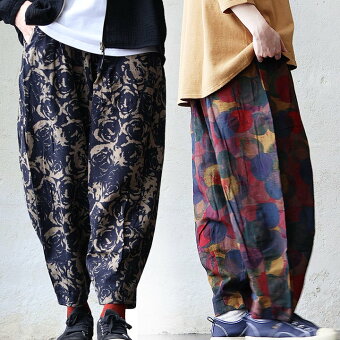 パンツ ワイド テーパード 総柄 花柄 ドット柄 綿100 コットン 薄手 軽い 通気性 ウエストゴム 体型カバー パティ