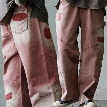 パンツ ワイド テーパード デニムパンツ 綿100 コットン ノンストレッチ ウエストゴム 褪せ色 used加工 無地 パティ