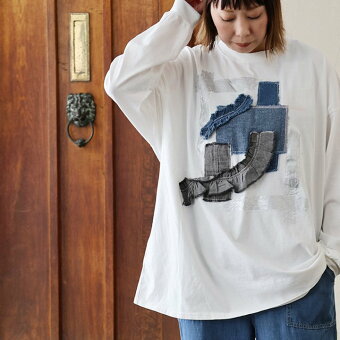 Tシャツ ロンT 長袖 ワイド しっかり 丈夫 コットン 重ね着 丈夫 デニム パッチワーク 大きいサイズ 春 夏 秋 冬