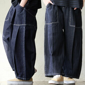 パンツ デニムパンツ ワイド インディゴ 綿100 コットン ノンストレッチ しっかり生地 配色ステッチ ポケット ウエストゴム パティ