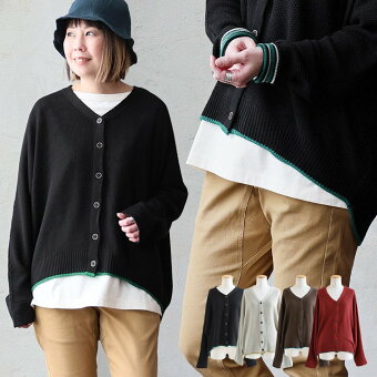 カーディガン 長袖 ワイド 着やせ Vネック 異素材切り替え ニット 袖裏 ボーダー アクリル 伸縮性 ゆったり お尻 体型 カバー パティ