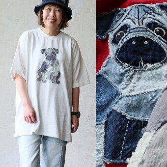 Tシャツ 5分袖 クルーネック パグ犬 アニマル デニム 異素材 綿100 コットン 通気性 ワイドシルエット お尻隠れる 体型カバー パティ