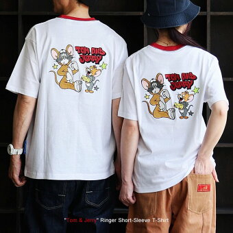 Tシャツ リンガーT 半袖 クルーネック トム＆ジェリー 配色 刺繍 アニマル 綿100 コットン カジュアル レトロ 夏 パティ
