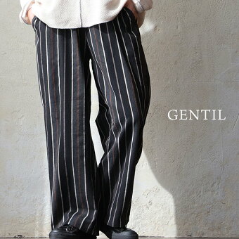 パンツ ワイドパンツ ストレート ストライプ 綿100 コットン 薄手 通気性 軽い ゆったり ウエストゴム パティ ジャンティ