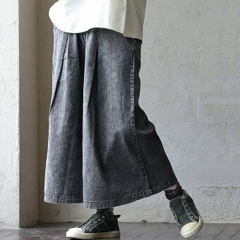 ガウチョパンツ ワイド フレア ケミカルウォッシュ 褪せ色 綿100 コットン 薄手 ウエストゴム 体型カバー パティ