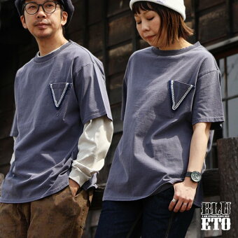 ＰＡＴＹ ユーズド カラー tシャツ 半袖 5分袖 三角ポケット 刺繍 大き目 ビッグシルエット ワイド 着やせ 夏 綿100 ブルート