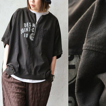 Tシャツ 5分袖 ハーフジップ 綿100 コットン 天竺 しっかり生地 褪せ色 リメイク ロゴプリント 体型カバー 重ね着 パティ