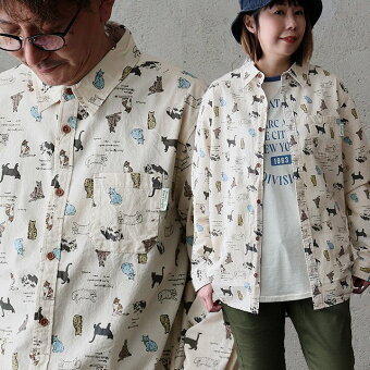 シャツ 長袖 総柄 アニマル 猫 ネコ プリント 綿100 コットン 軽やか 通気性 ゆったり 大きいサイズ 体型カバー カジュアル 春 パティ