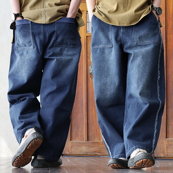 デニムパンツ ペインター テーパード ワイド 綿100 コットン 伸縮性 フリンジ 配色ポケット ウエストゴム ゆったり 体型カバー パティ