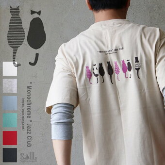 tシャツ 半袖 コットン 綿100％ カジュアル モノクローム ジャズ 猫 バック プリント ボックスシルエット パティ セイル