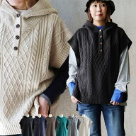 ベスト ニットベスト レディース フード付き ヘンリーネック ボタン ケーブルニット アクリル 軽い 重ね…