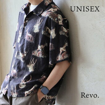レボ(REVO.) シャツ 5分袖 鹿 シカ アニマル 総柄 プリント 麻 リネン 薄手 通気性 涼しい 軽い 大きいサイズ 重ね着 パティ
