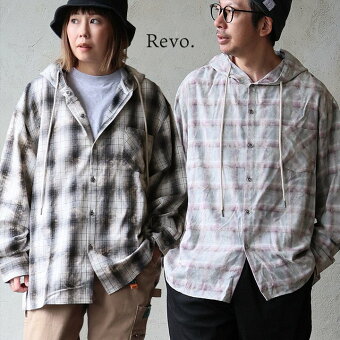 レボ(REVO.) チェックシャツ 長袖 フード付き 綿100 コットン 重ね着 羽織り ゆったり 大きいサイズ 体型カバー パティ