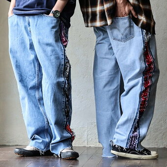 パンツ デニムパンツ ストレート ワイド 異素材切り替え デニム バンダナ柄 カットオフ ウエストゴム 大きいサイズ パティ
