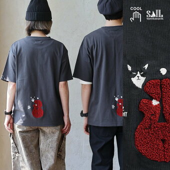 ハチワレネコ サガラ刺繍 Tシャツ 半袖 綿100％ 丈夫 しっかり 冷感加工 重ね着 夏 猫 セイル